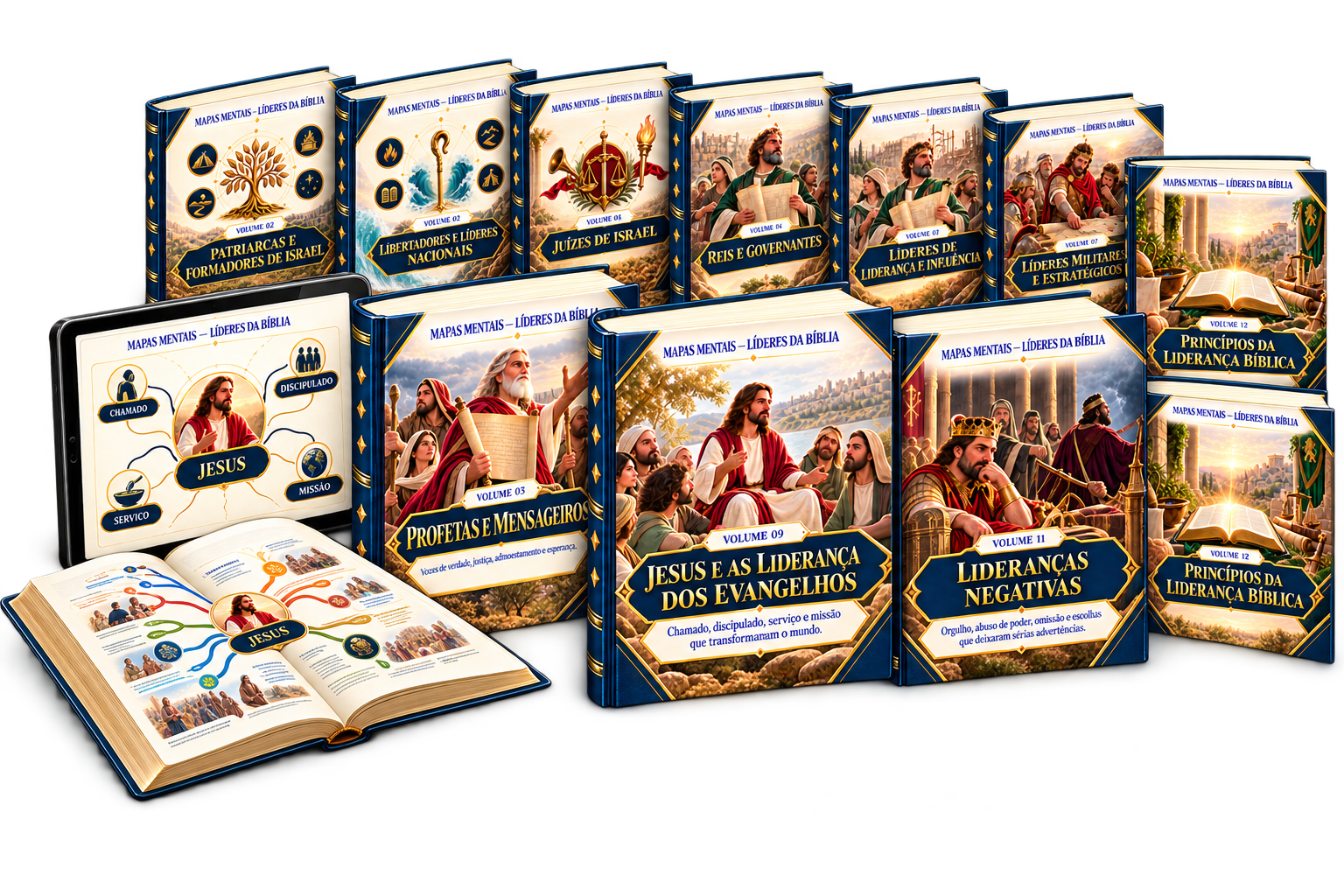Mockup premium da coleção Mapas Mentais Líderes da Bíblia com 12 volumes